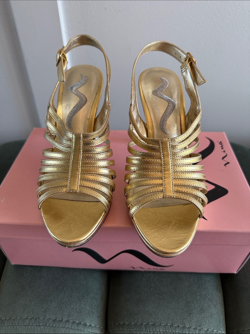 Nina Metallic Gold Multi-Strap Slingback Heels
